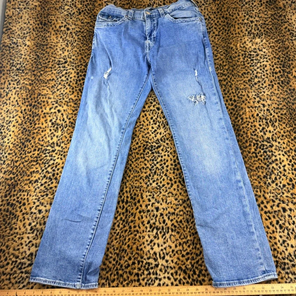 True Religion Ricky Relaxed Straight Jeans Light Wash Distressed Blue Mens 33